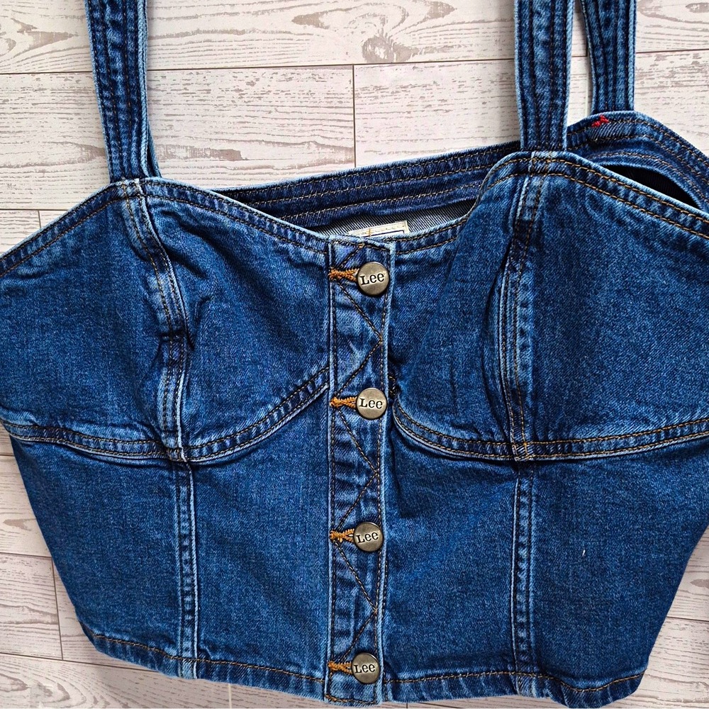 Kacey Lee Blue Denim Corset Top Button Front Straps Solid Women's XL mislabeled